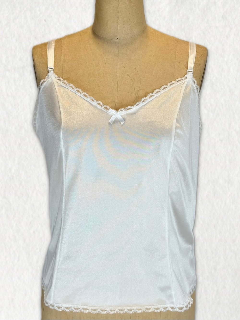 VINTAGE 80s lace cami camisole tank top slip layer lingerie white‎ silky nylon